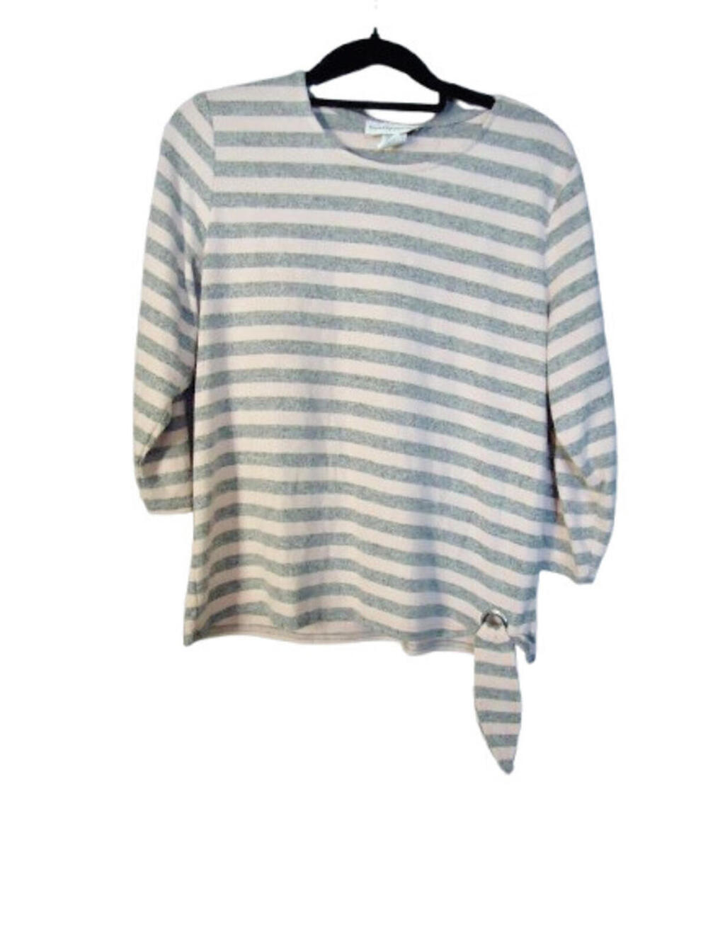 Cathy Daniels Long Sleeve Scoopneck Pullover Blouse Lar Knot Hem PinkGray Stripe